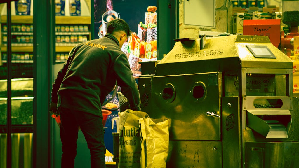 An adult male working next to a large industrial machine indoors. Captured with a unique color tone.